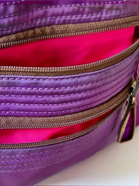 Dooney & Bourke Wayfarer Nylon Triple Zip Crossbody Purple/Brown Leather Trim - Picture 3 of 6